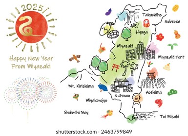 MIYAZAKI Japan travel map with landmarks and symbols. Hand drawn vector illustration.