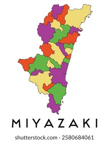 Miyazaki map of regions districts vector colored and outline