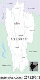 Mizoram district map with capital Aizawl, marked most important cities, state of India