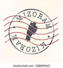 Mizoram, India Stamp Map Postal. Silhouette. Passport Round Design. Vector Icon. Design Retro Travel National Symbol.