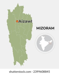 Mizoram localizador mapa que muestra el distrito y su capital 