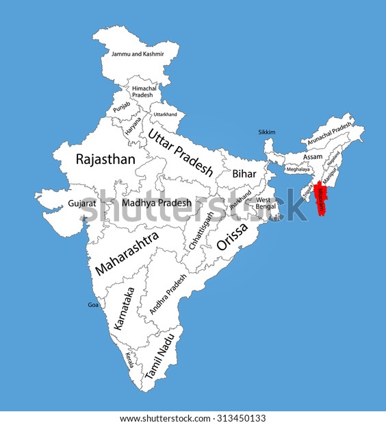 インドのミゾラム州 インドの地図上にベクター地図のシルエットイラスト インドの編集可能な空白のベクター画像マップ のベクター画像素材 ロイヤリティフリー 313450133