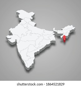 Mizoram state location within India 3d isometric map