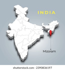 Ubicación del mapa del estado de Mizoram en el mapa isométrico indio 3d. Ilustración vectorial del mapa de Mizoram