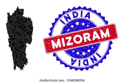 Mizoram State map polygonal mesh with filled triangles, and rubber bicolor stamp seal. Triangle mosaic Mizoram State map with mesh vector model, triangles have various sizes, and positions,