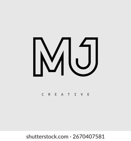 MJ Creative Letter Logo - Monograma de linha mínima em contorno preto para design de identidade de marca moderno.