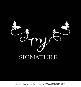 MJ Handwritten initial letter, MJ simple signature vector logo with butterfly shape variation, beauty, photography letter logo design. M J