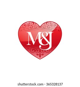 M&J initial letter logo with ornament heart shape