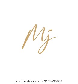 Mj initial letter signature logo in gold color. Handwritten M j monogram logo template