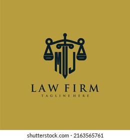 MJ initial monogram for lawfirm logo with sword and scale