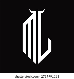 Monograma de MJ Logo con forma de cuerno aislado Plantilla de diseño en blanco y negro sobre fondo negro