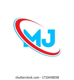 MJ M J letter logo design. Initial letter MJ linked circle upercase monogram logo red and blue. MJ logo, M J design