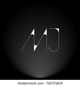 MJ White thin minimalist LOGO Design with Highlight on Black Background.