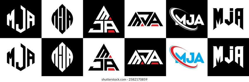 MJA letter logo design in six style. MJA polygon, circle, triangle, hexagon, flat and simple style with black and white color variation letter logo set in one artboard. MJA minimalist and classic logo