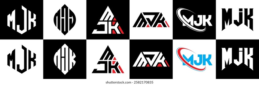 MJK letter logo design in six style. MJK polygon, circle, triangle, hexagon, flat and simple style with black and white color variation letter logo set in one artboard. MJK minimalist and classic logo