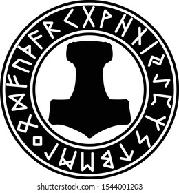 Mjollnir and Runic Futhark. Mythology. Pagan. Runes