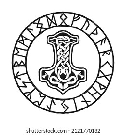 Mjolnir - Thors hammer, drawing in celtic knot design, and Norse runes circle, isolated on white, vector illustration. Viking style, design template