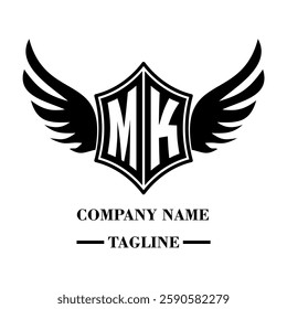 MK bold shield logo with wings, customizable with letters A to Z. Perfect for brands seeking a powerful symbol of strength, freedom, and ambition