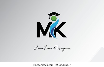 MK Creative Letter Logo mit Graduiertenkappe und abstraktem Human - Modernes Bildungs- und Lernsymboldesign