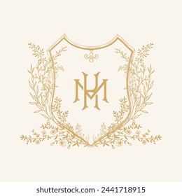 MK initial botanical wedding crest design. Vintage monogram with botanical floral crest design vector illustration.