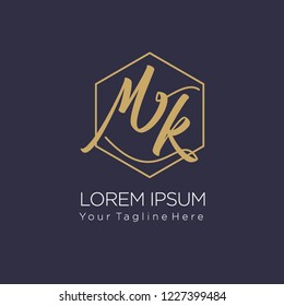 MK Initial handwriting logo on hexagon line, vector illustration