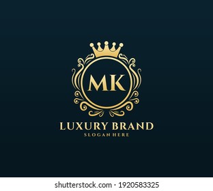 MK Initial Letter Gold calligraphic feminine floral hand drawn heraldic monogram antique vintage style luxury logo design.