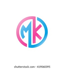 MK initial letters looping linked circle logo blue pink