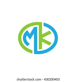 MK initial letters looping linked ellipse logo blue green