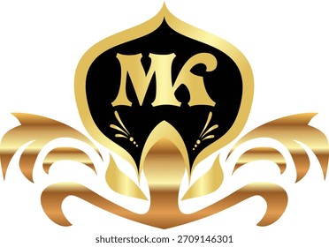 Iniciales Mk en elegante diseño de Vector de cresta dorada y negra