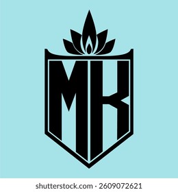 MK Logo featuring a minimalist design with a crown-like flower symbol on top, bold black elements, and a soft blue background, perfect for branding and modern visual identity.