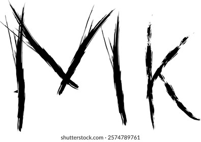 MK logo graffiti spray paint, MK letters handwritten in thick black watercolor acrylic ink. the letter MK is written with a brush