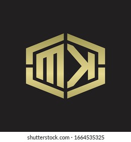 MK Logo monogram with hexagon shape and piece line rounded design tamplate on gold colors