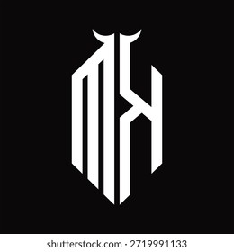MK Logo-Monogramm mit Hornform, einzelne schwarz-weiße Designvorlage auf schwarzem Hintergrund
