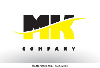 MK M K  Black and Yellow Letter Logo with White Swoosh and Curved Lines.
