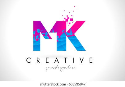 MK M K Letter Logo with Broken Shattered Blue Pink Triangles Texture Design Vector Illustration.
