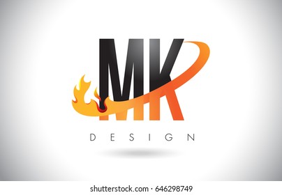 MK M K Letter Logo Design with Fire Flames and Orange Swoosh Vector Illustration.