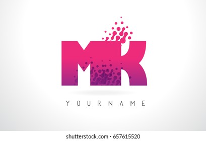 MK M K Letter Logo with Pink Letters and Purple Color Particles Dots Design.