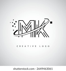 Logotipo de Monograma de Órbita MK - Marca de Letra Mínima Futurista com Linha de Arte Circular, Pontos Inspirados na Tecnologia e Conceito de Movimento Espacial para Identidade de Marca Moderna