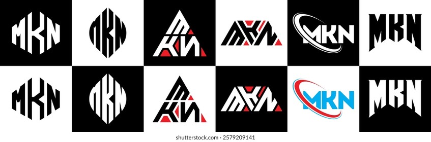 MKN letter logo design in six style. MKN polygon, circle, triangle, hexagon, flat and simple style with black and white color variation letter logo set in one artboard. MKN minimalist and classic logo