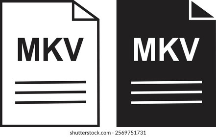 MKV file icon set. MKV file type symbol. File MKV format icon in black filled and outlined style isolated on transparent background. Ideal for technology or data related content, vector illustration.