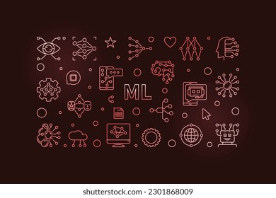 ML concept horizontal vector colored banner in thin line style. Machine Learning creative illustration on dark background