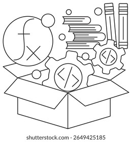 ML Frameworks and Libraries icon. Vector pictogram with thin black lines on transparent background. Line thickness is editable. An open box with gears, books, code symbols, and math signs inside