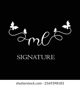ML Handwritten initial letter, ML simple signature vector logo with butterfly shape variation, beauty, photography letter logo design. M L