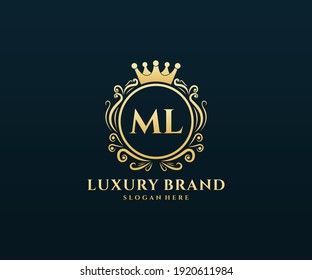 ML Initial Letter Gold calligraphic feminine floral hand drawn heraldic monogram antique vintage style luxury logo design.