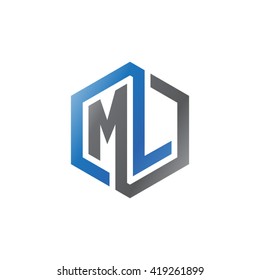 ML initial letters looping linked hexagon logo black gray blue