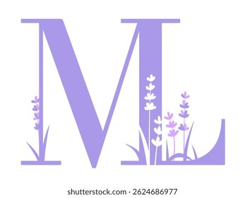 Letras ML Monograma com flores de lavanda. Ternos lettermark logotipo elegante para empresas relacionadas a jardim e plantas, florista, bem-estar, produtos de beleza e corpo, aromaterapia, perfume, salões