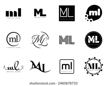 ML logo company template. Letter m and l logotype. Set different classic serif lettering and modern bold text with design elements. Initial font typography. Collection trendy business identity.