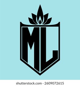 ML Logo featuring a minimalist design with a crown-like flower symbol on top, bold black elements, and a soft blue background, perfect for branding and modern visual identity.