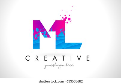 ML M L Letter Logo with Broken Shattered Blue Pink Triangles Texture Design Vector Illustration.