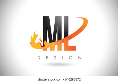 ML M L Letter Logo Design with Fire Flames and Orange Swoosh Vector Illustration.